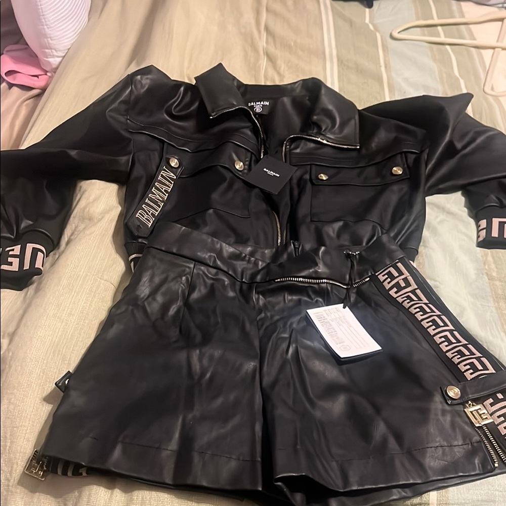 💯 % Authentic Balmain Black Leather Jacket and Shorts Set…